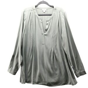 J Jill Pintuck Pleat Tunic Blouse Womens M Sage Green Long Sleeve Split Neck